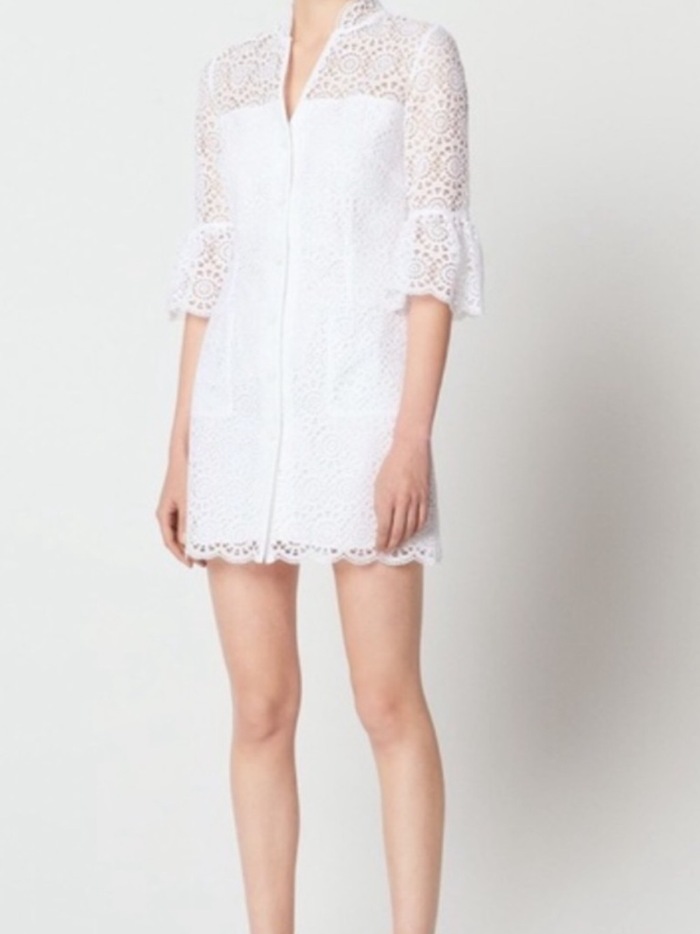 Sandro Cream Lace Midi Dress with Button Front